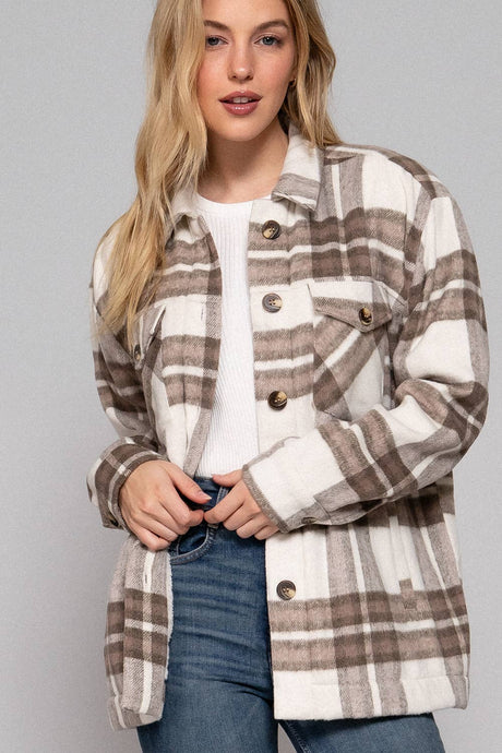 Long Sleeve Inside Faux Fur Brushed Plaid Jacket