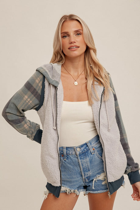 PLAID CONTRAST FUZZY ZIP UP TWO-FER JACKET