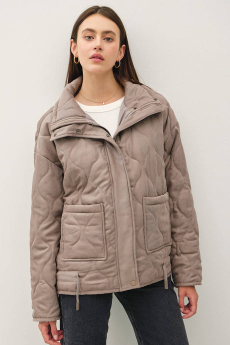 SUEDE-LIKE FUNNEL NECK QUILTED PUFFER JACKET