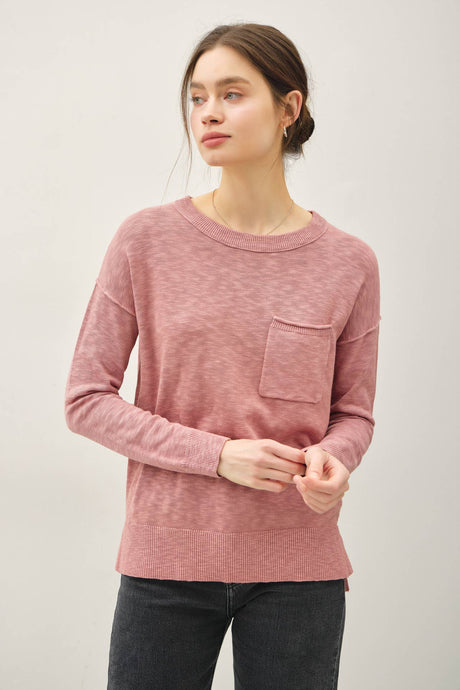 SLUB YARN ROUND NECK SWEATER WITH CHEST POCKETS
