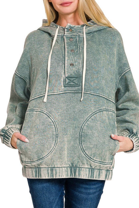 Acid Wash Fleece Oversized Pocket Hoodie