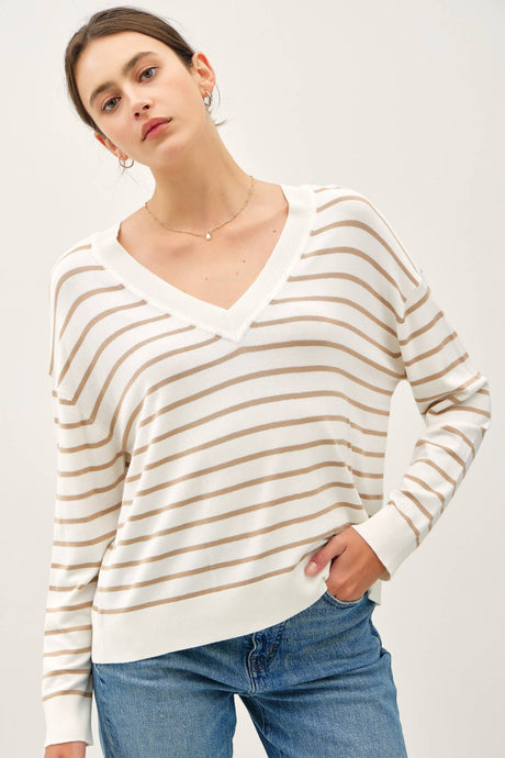 STRIPED V-NECK LIGHTWEIGHT SWEATER